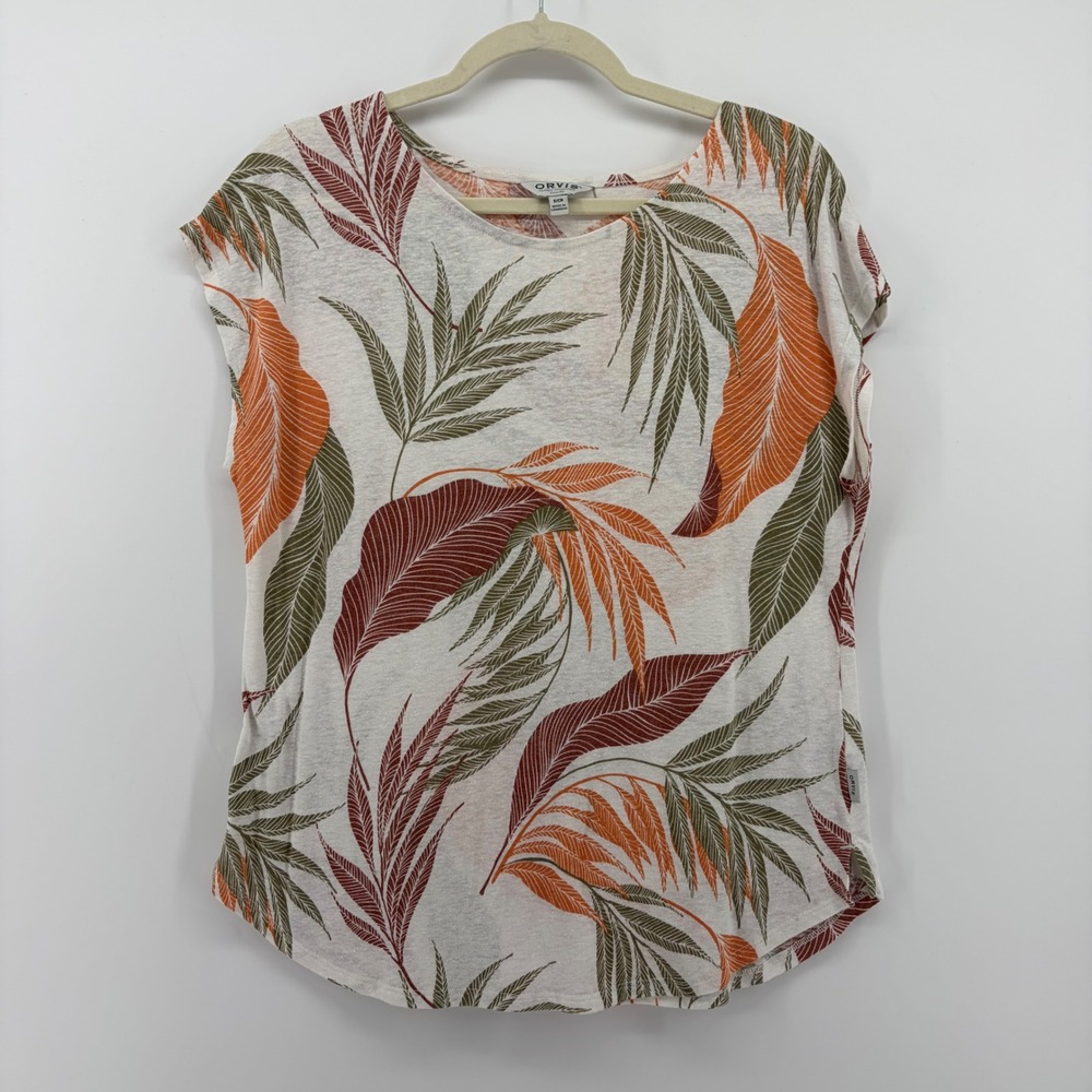 Orvis Tropical Leaf Print‎ Top Cream Multicolor Womens Size Small Linen Blend